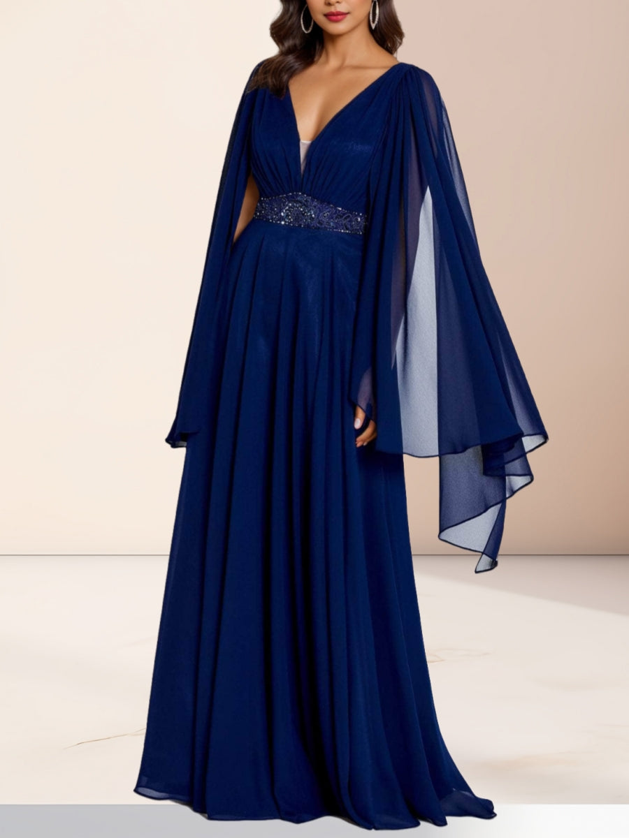 A-Line/Princess V-Neck Chiffon Mother Of The Bride Dresses With Pleated Floor-Length BabaMila