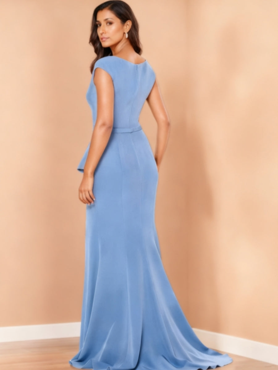 Sheath/Column Cap Sleeves Floor-Length Evening Dresses Pleats Party Dresses With Split Side BabaMila