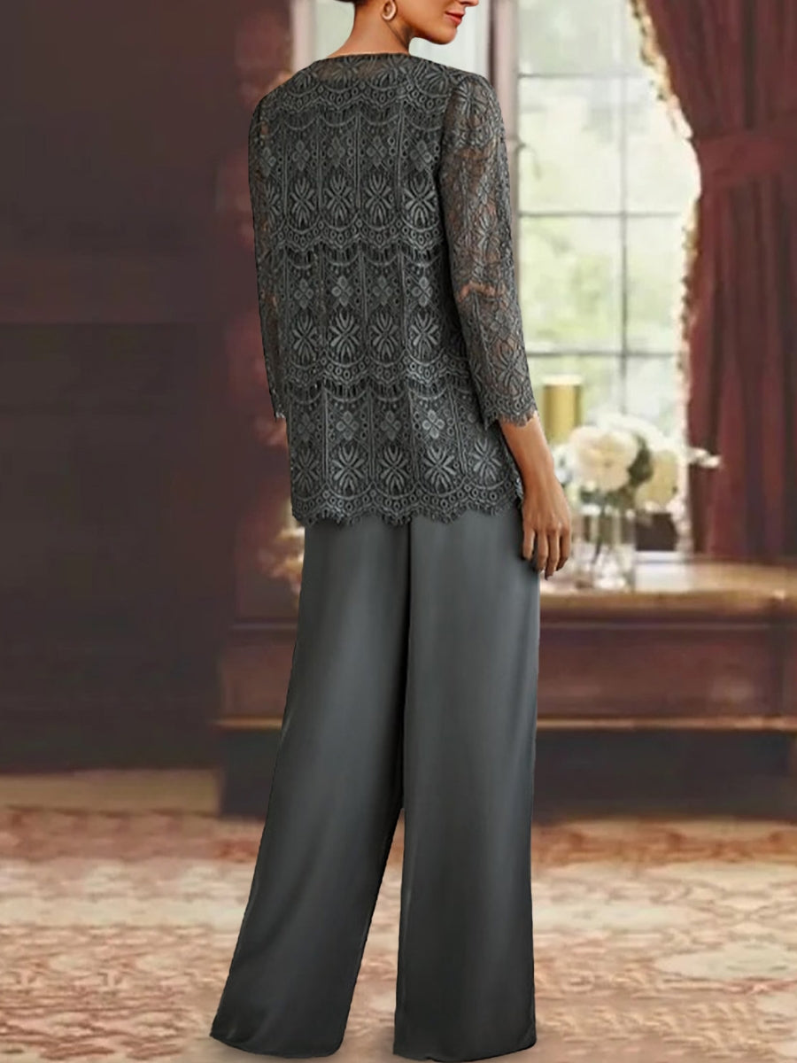 Chiffon Lace Scoop Ankle-Length Mother Of The Bride Pantsuits With Jacket BabaMila