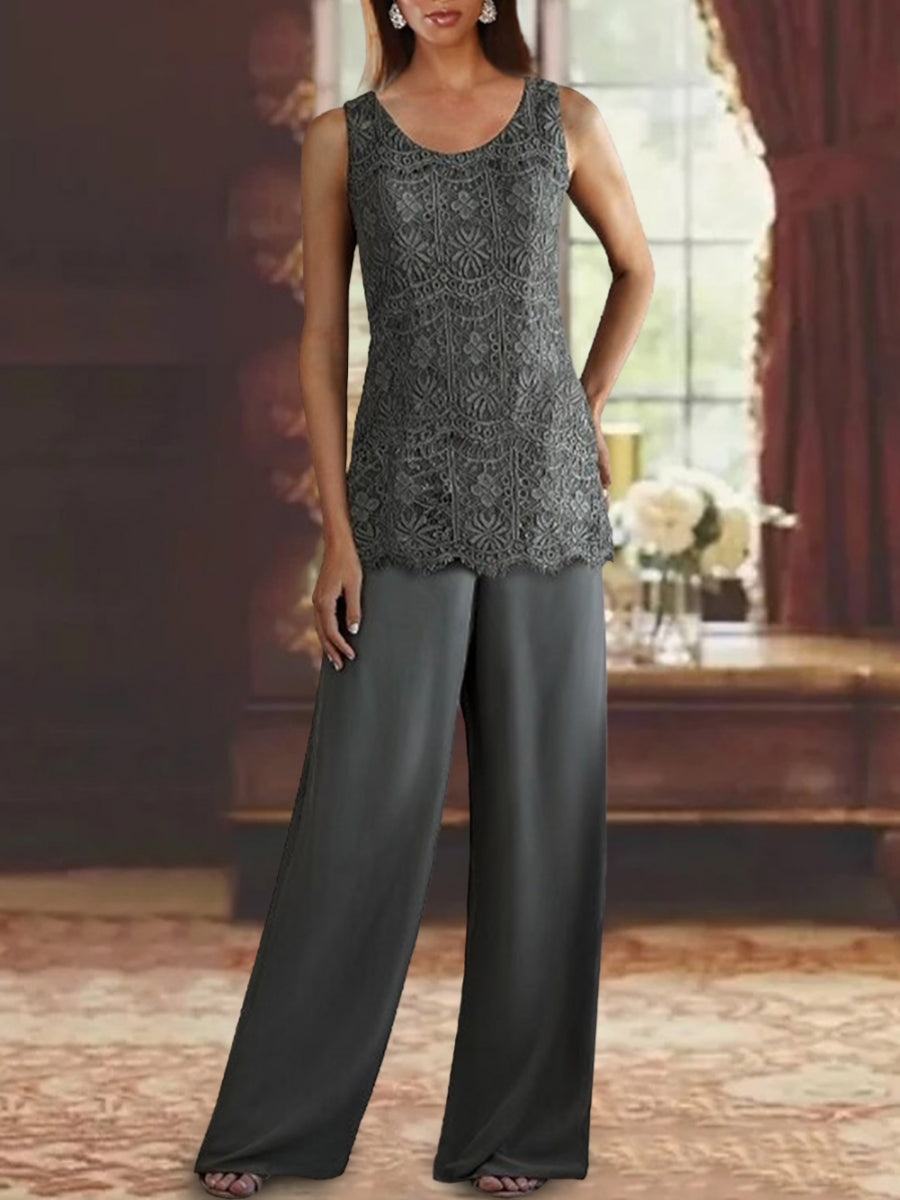 Chiffon Lace Scoop Ankle-Length Mother Of The Bride Pantsuits With Jacket BabaMila