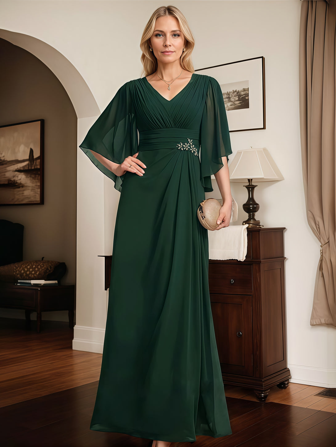 A-Line V-Neck Flutter Straps Floor-Length Chiffon Mother of the Bride Dress With Pleated/Beads/Belt BabaMila