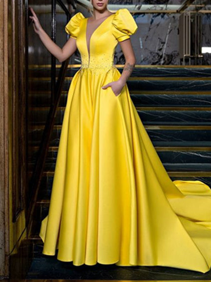 A-Line/Princess V-Neck Puff Sleeve Floor-length/Sweep Train Prom Dresses With Beads BabaMila