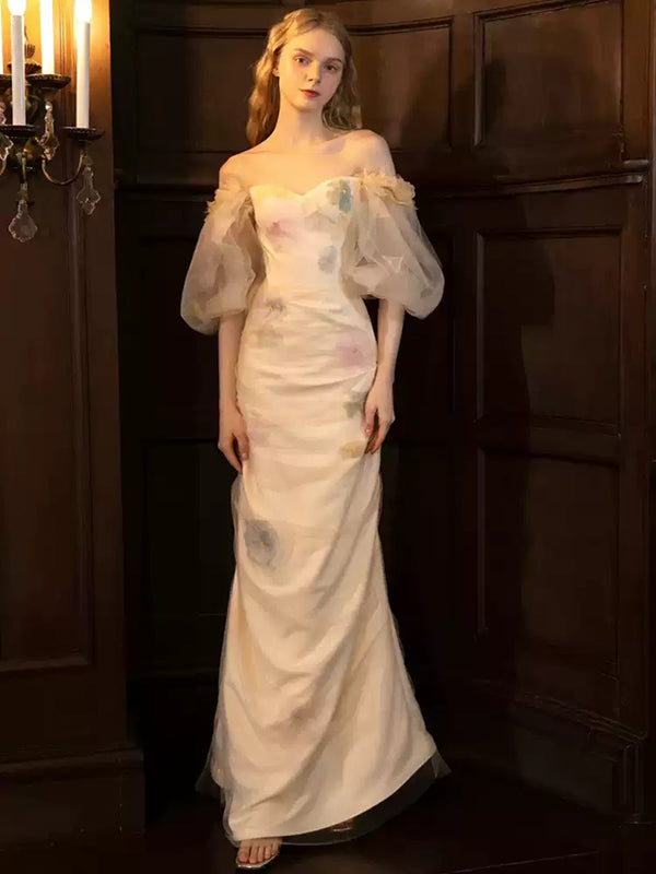 Trumpet/Mermaid Off-the-Shoulder Half Sleeves Floor-Length Printed Foral Wedding Dresses BabaMila