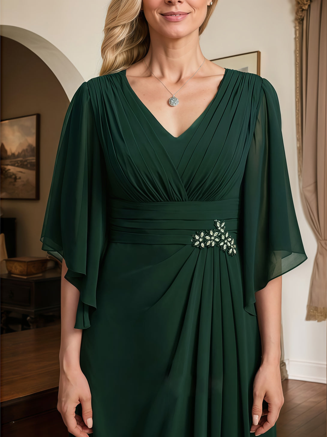A-Line V-Neck Flutter Straps Floor-Length Chiffon Mother of the Bride Dress With Pleated/Beads/Belt BabaMila