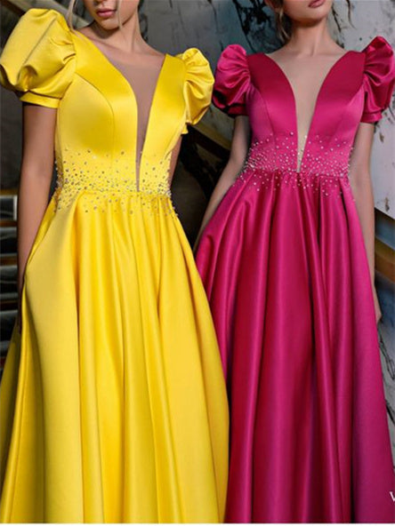 A-Line/Princess V-Neck Puff Sleeve Floor-length/Sweep Train Prom Dresses With Beads BabaMila