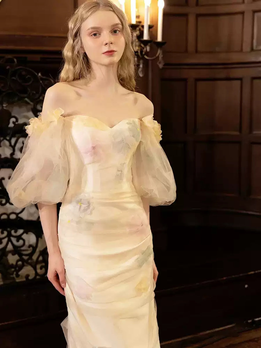 Trumpet/Mermaid Off-the-Shoulder Half Sleeves Floor-Length Printed Foral Wedding Dresses BabaMila