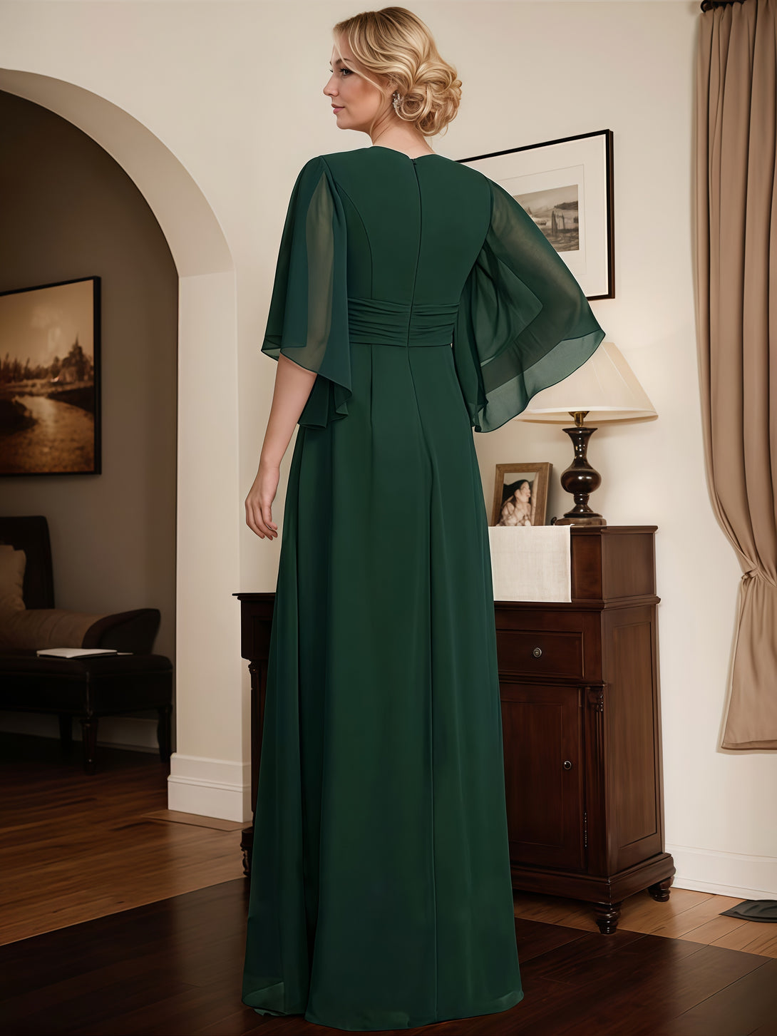 A-Line V-Neck Flutter Straps Floor-Length Chiffon Mother of the Bride Dress With Pleated/Beads/Belt BabaMila