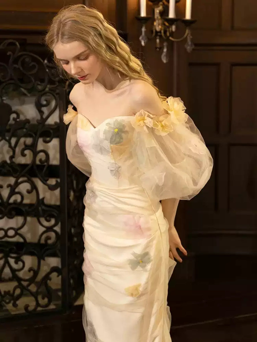 Trumpet/Mermaid Off-the-Shoulder Half Sleeves Floor-Length Printed Foral Wedding Dresses BabaMila