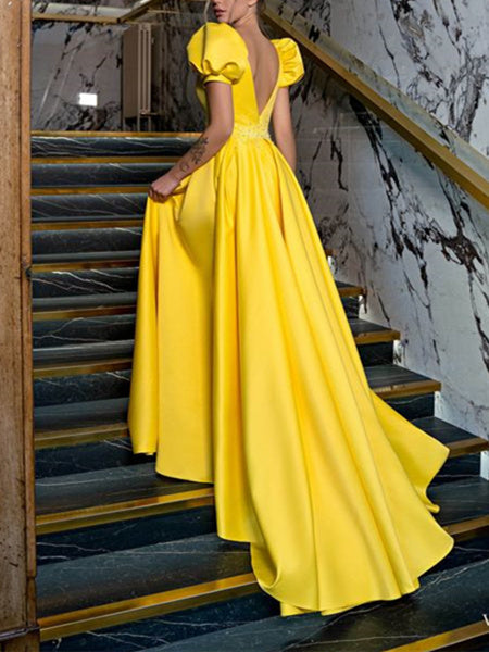 A-Line/Princess V-Neck Puff Sleeve Floor-length/Sweep Train Prom Dresses With Beads BabaMila