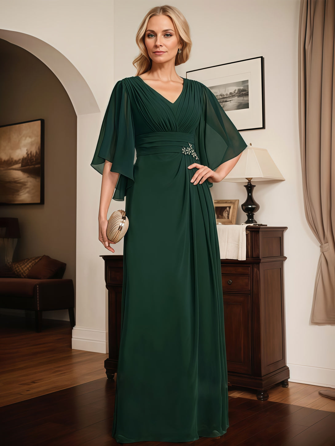 A-Line V-Neck Flutter Straps Floor-Length Chiffon Mother of the Bride Dress With Pleated/Beads/Belt BabaMila