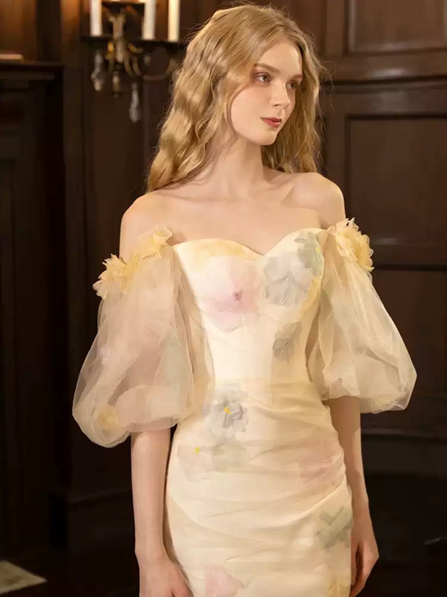 Trumpet/Mermaid Off-the-Shoulder Half Sleeves Floor-Length Printed Foral Wedding Dresses BabaMila