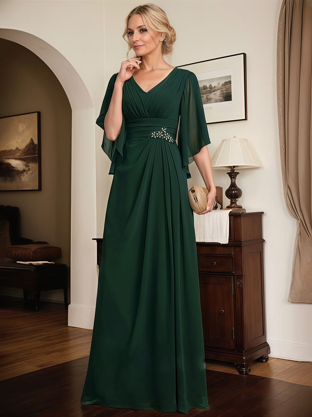 A-Line V-Neck Flutter Straps Floor-Length Chiffon Mother of the Bride Dress With Pleated/Beads/Belt BabaMila