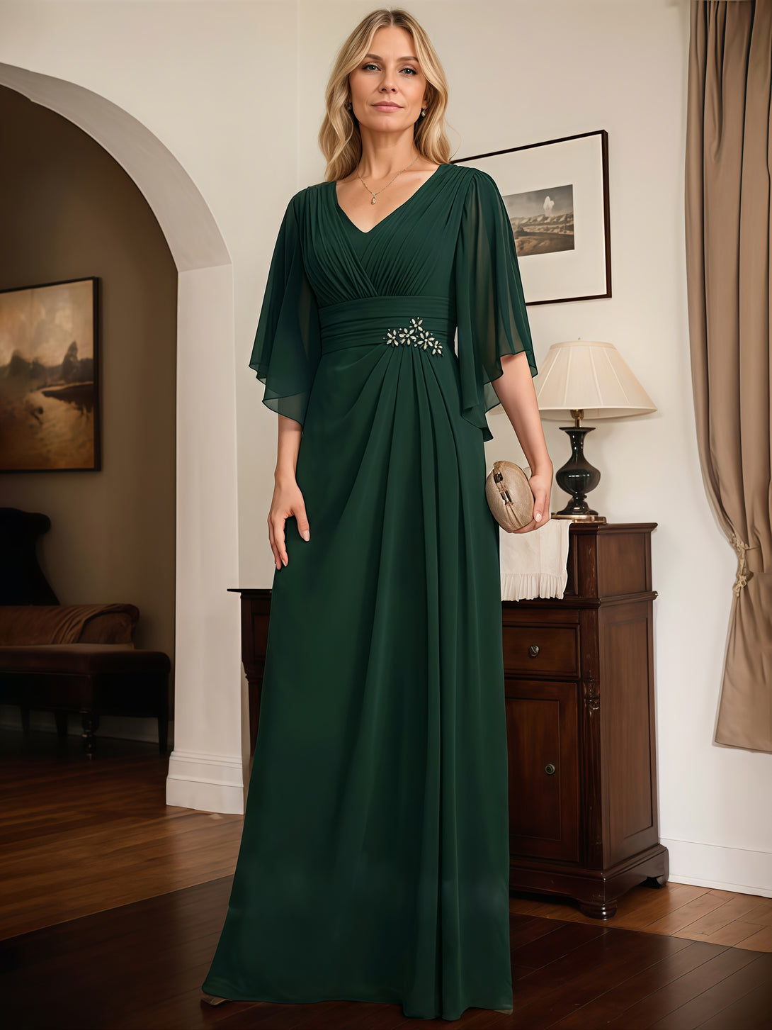 A-Line V-Neck Flutter Straps Floor-Length Chiffon Mother of the Bride Dress With Pleated/Beads/Belt BabaMila