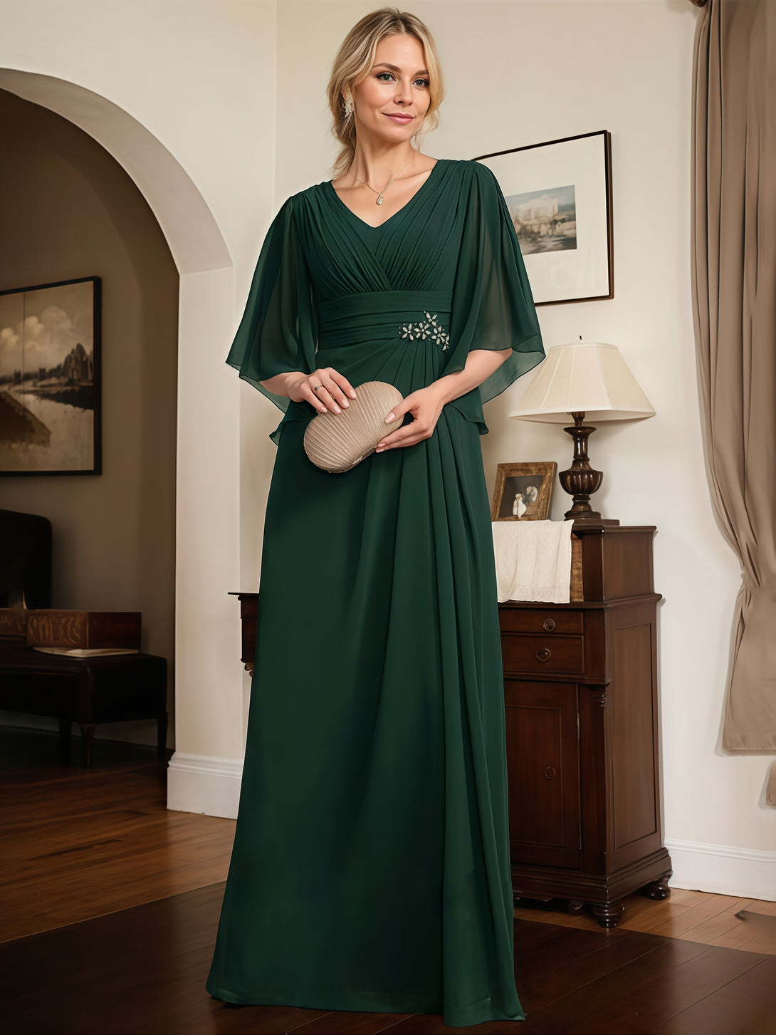 A-Line V-Neck Flutter Straps Floor-Length Chiffon Mother of the Bride Dress With Pleated/Beads/Belt BabaMila