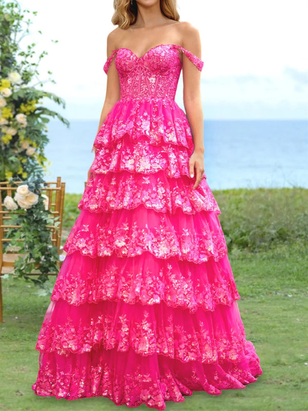 A-Line/Princess Sweetheart Off-the-Shoulder Prom Dresses Evening Party Floral with Sequins & Ruffles BabaMila