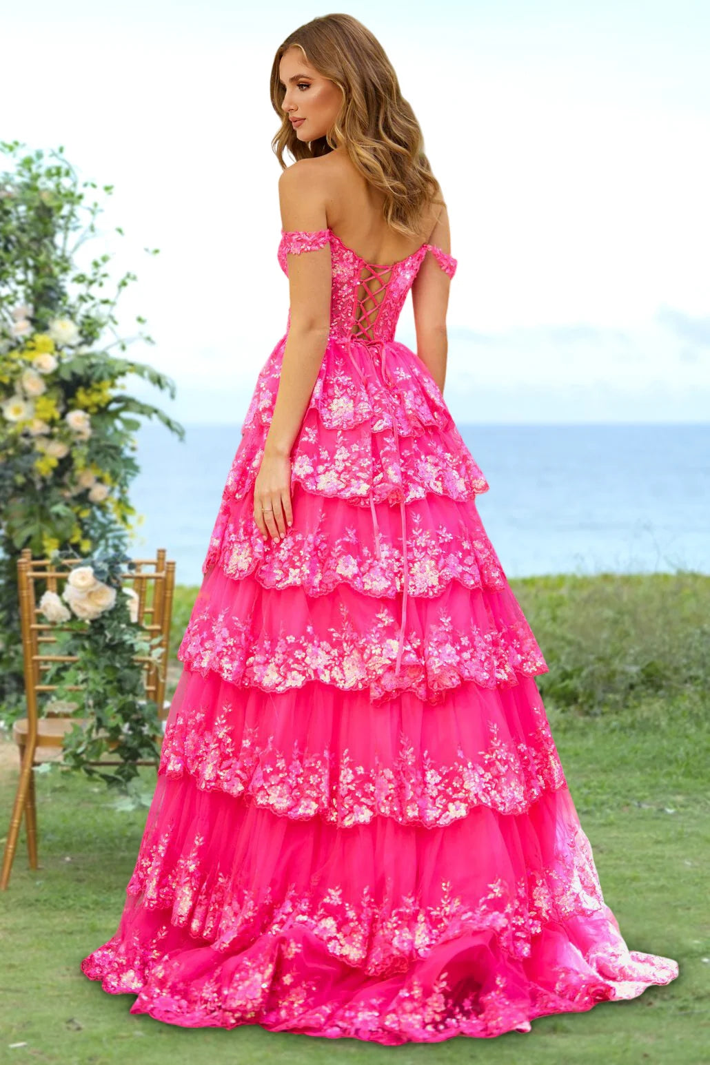 A-Line/Princess Sweetheart Off-the-Shoulder Prom Dresses Evening Party Floral with Sequins & Ruffles BabaMila