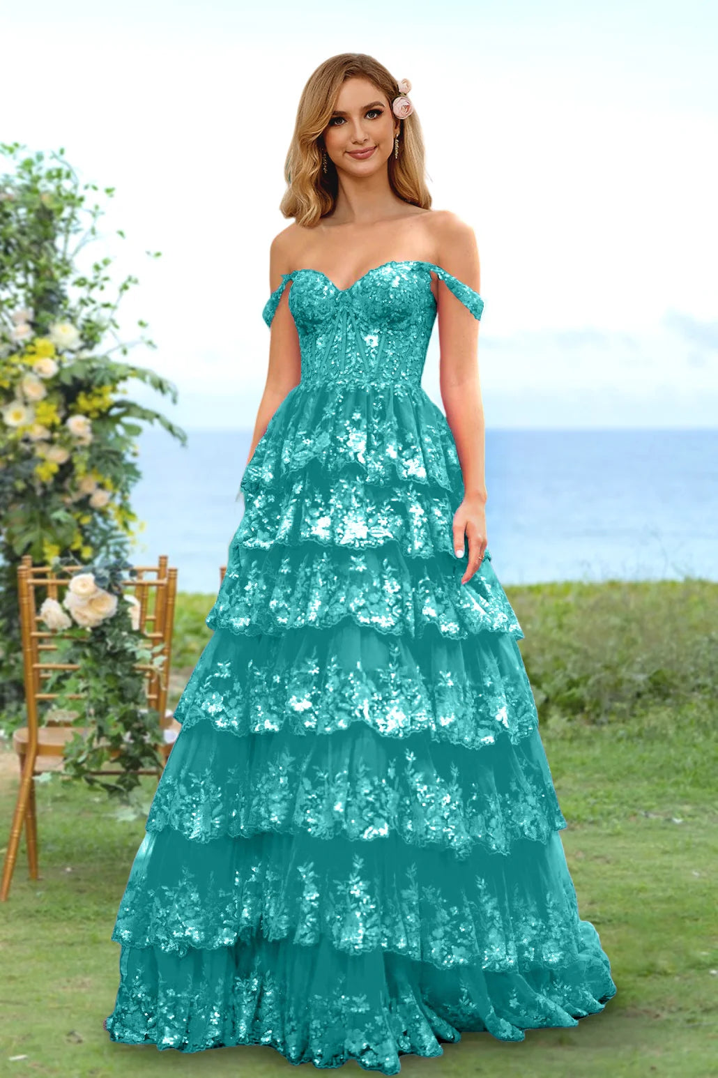 A-Line/Princess Sweetheart Off-the-Shoulder Prom Dresses Evening Party Floral with Sequins & Ruffles BabaMila