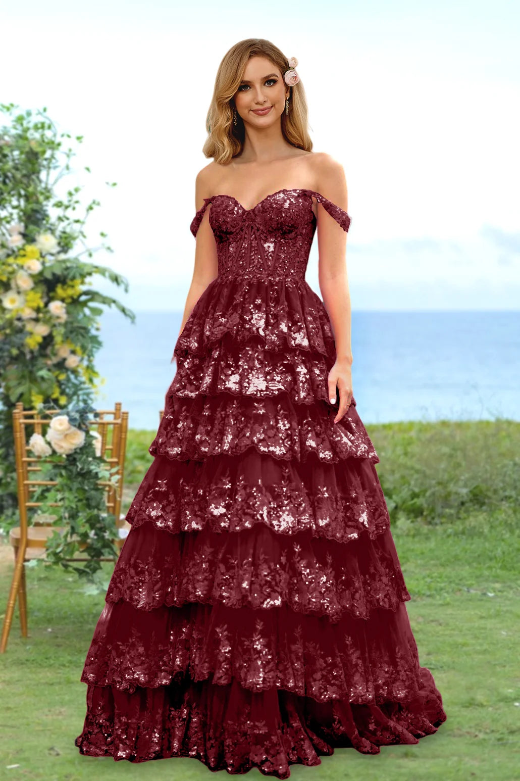 A-Line/Princess Sweetheart Off-the-Shoulder Prom Dresses Evening Party Floral with Sequins & Ruffles BabaMila