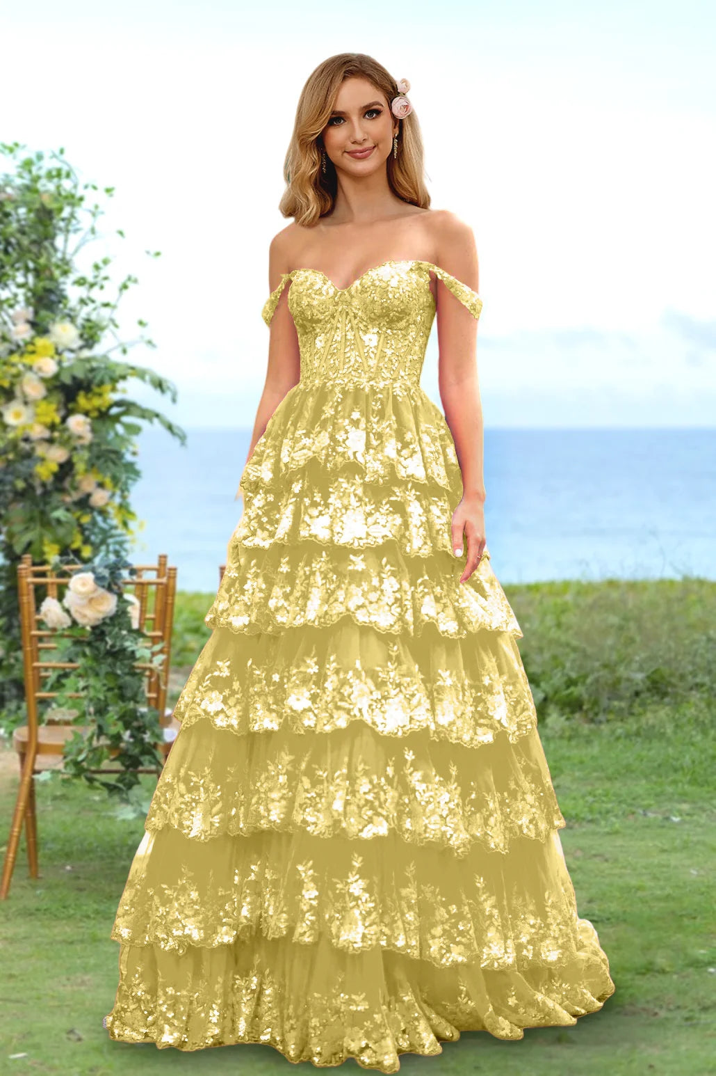 A-Line/Princess Sweetheart Off-the-Shoulder Prom Dresses Evening Party Floral with Sequins & Ruffles BabaMila