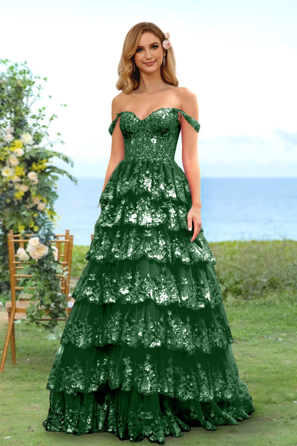 A-Line/Princess Sweetheart Off-the-Shoulder Prom Dresses Evening Party Floral with Sequins & Ruffles BabaMila