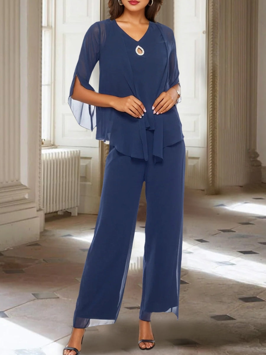 Chiffon V-Neck 3/4 Sleeves Mother Of The Bride Pantsuits With Jacket Ankle-Length BabaMila