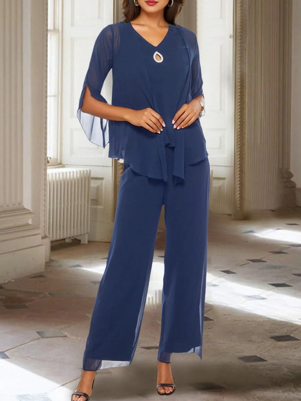 Chiffon V-Neck 3/4 Sleeves Mother Of The Bride Pantsuits With Jacket Ankle-Length BabaMila