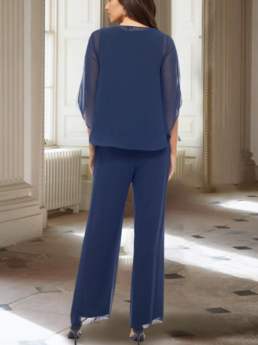 Chiffon V-Neck 3/4 Sleeves Mother Of The Bride Pantsuits With Jacket Ankle-Length BabaMila