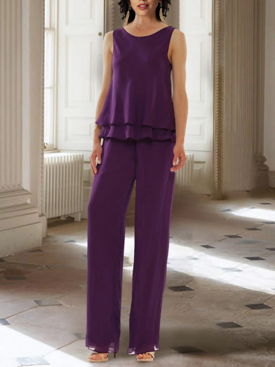 Chiffon Scoop Ankle-Length Mother Of The Bride Pantsuits With Long Sleeves Jacket BabaMila