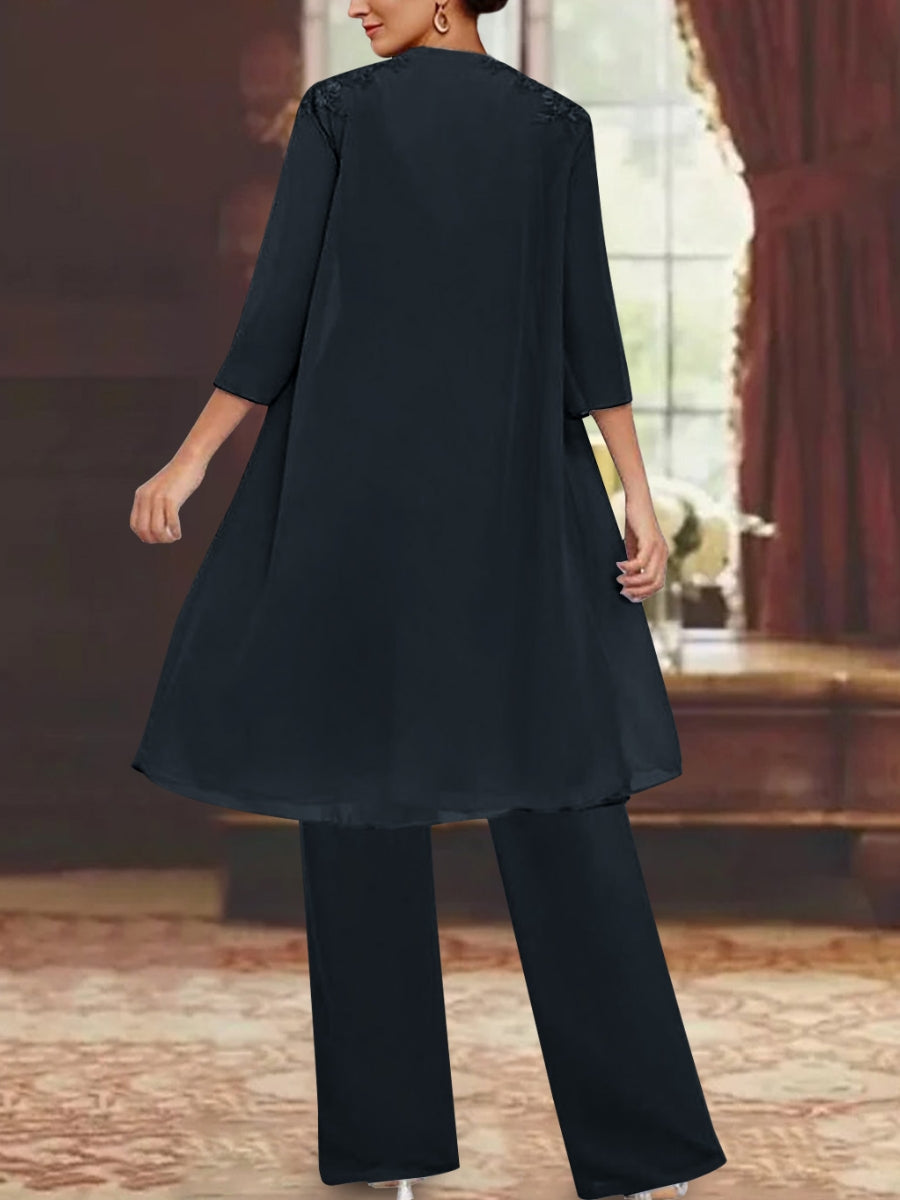 Chiffon V-Neck 3/4 Sleeves Appliques Mother Of The Bride Pantsuits With Jacket Ankle-Length BabaMila