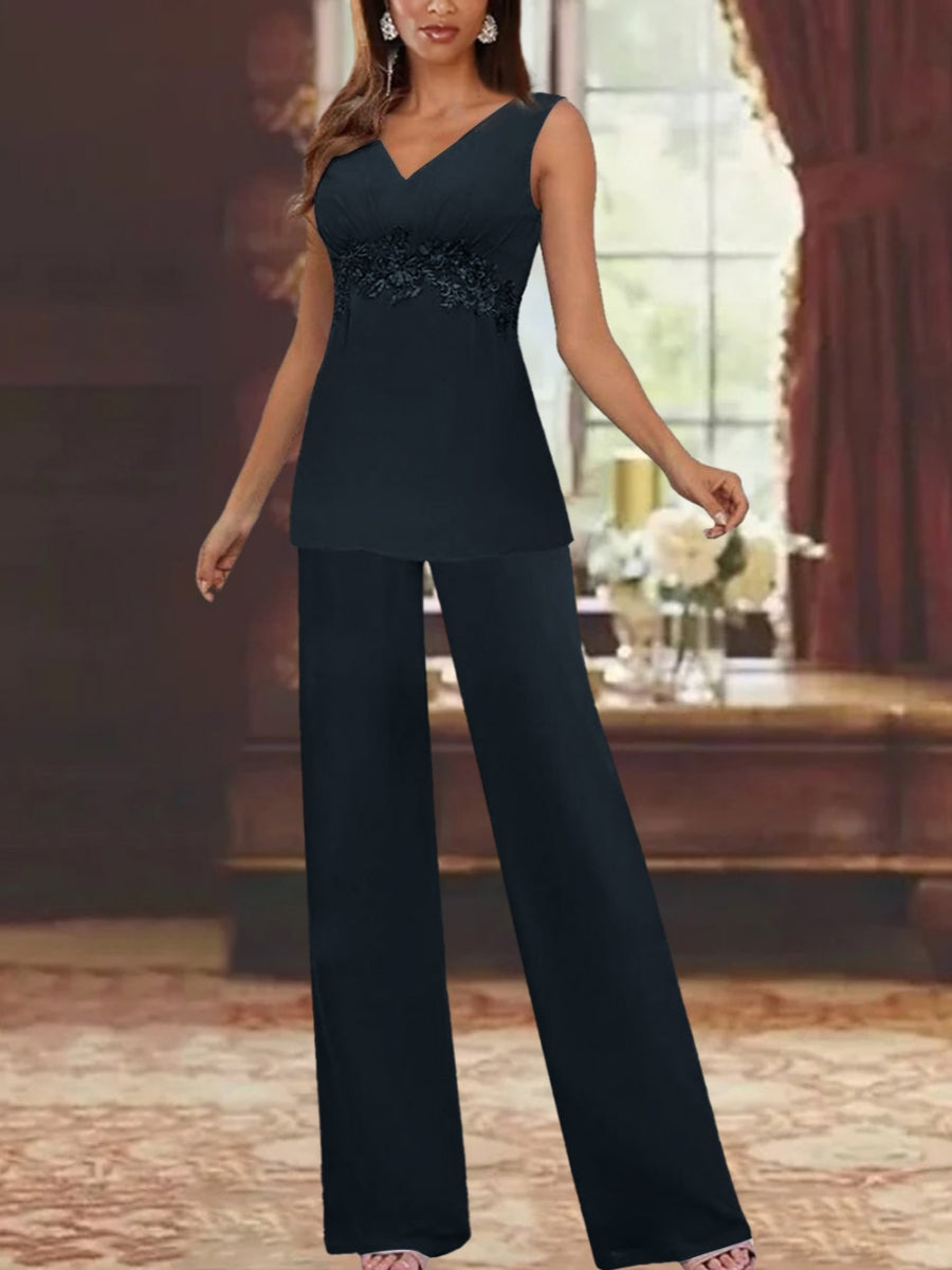 Chiffon V-Neck 3/4 Sleeves Appliques Mother Of The Bride Pantsuits With Jacket Ankle-Length BabaMila