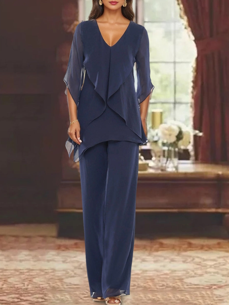 Chiffon V-Neck Half Sleeves Mother Of The Bride Pantsuits With Ruffles Ankle-Length BabaMila