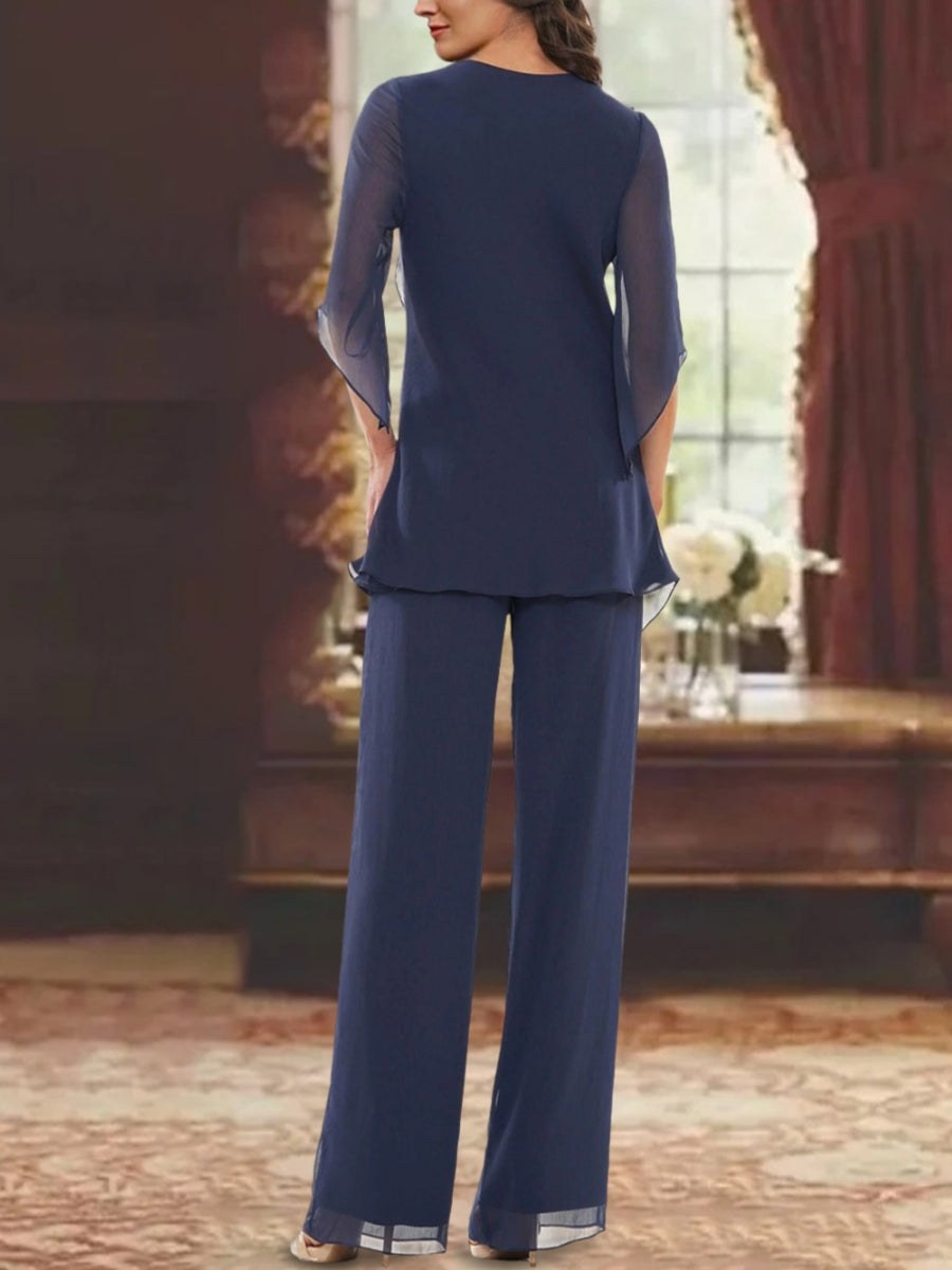 Chiffon V-Neck Half Sleeves Mother Of The Bride Pantsuits With Ruffles Ankle-Length BabaMila