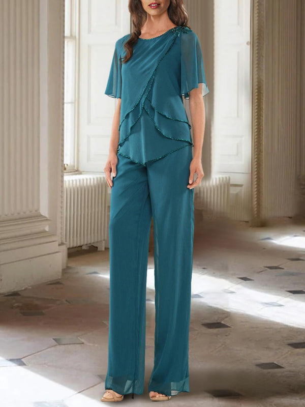 Chiffon Scoop Half Sleeves Asymmetrical Mother Of The Bride Pantsuits With Ruffles Ankle-Length BabaMila