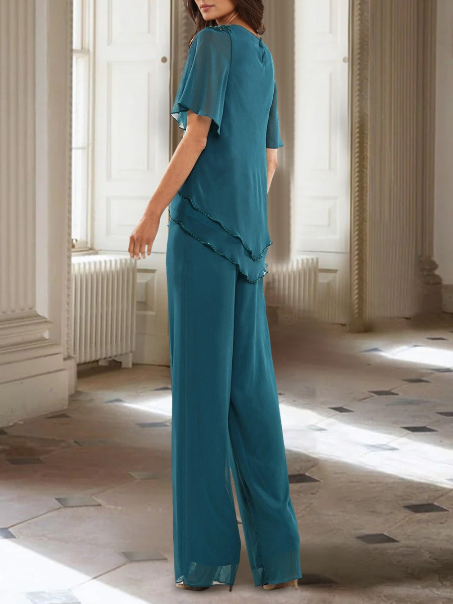Chiffon Scoop Half Sleeves Asymmetrical Mother Of The Bride Pantsuits With Ruffles Ankle-Length BabaMila