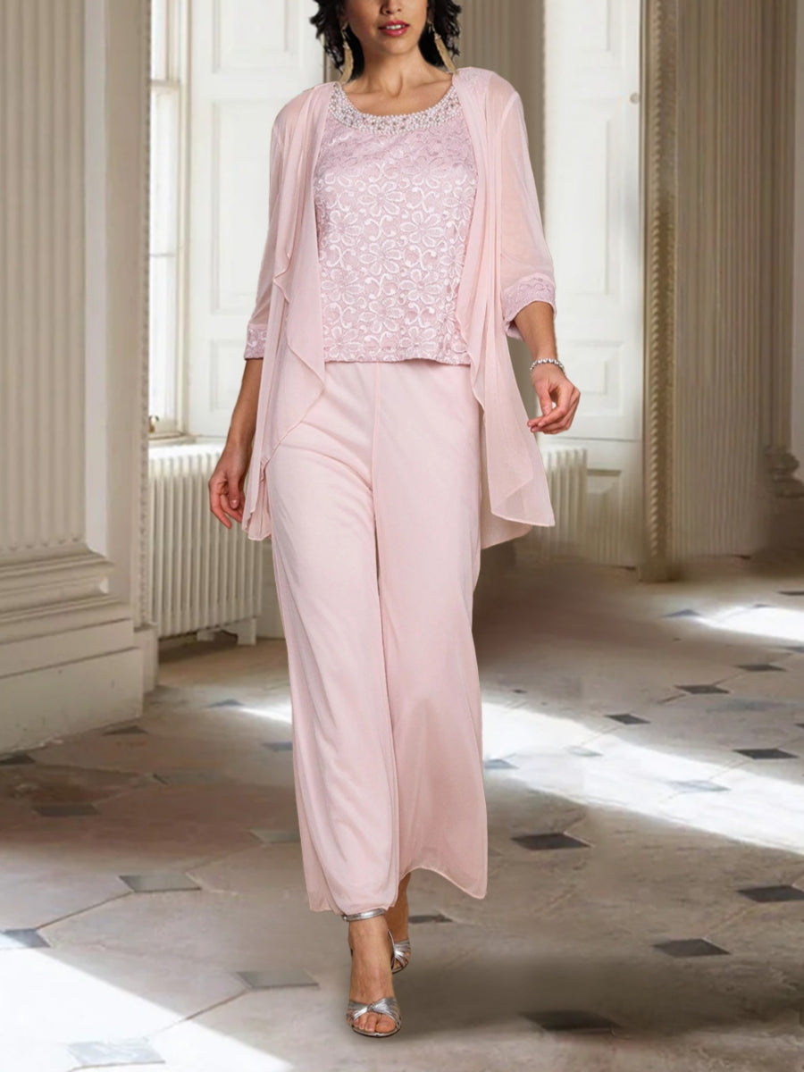Jewel Neck 3/4 Sleeves Ankle-Length Mother Of The Bride Pantsuits With Jacket Chiffon BabaMila