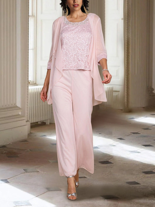 Jewel Neck 3/4 Sleeves Ankle-Length Mother Of The Bride Pantsuits With Jacket Chiffon BabaMila