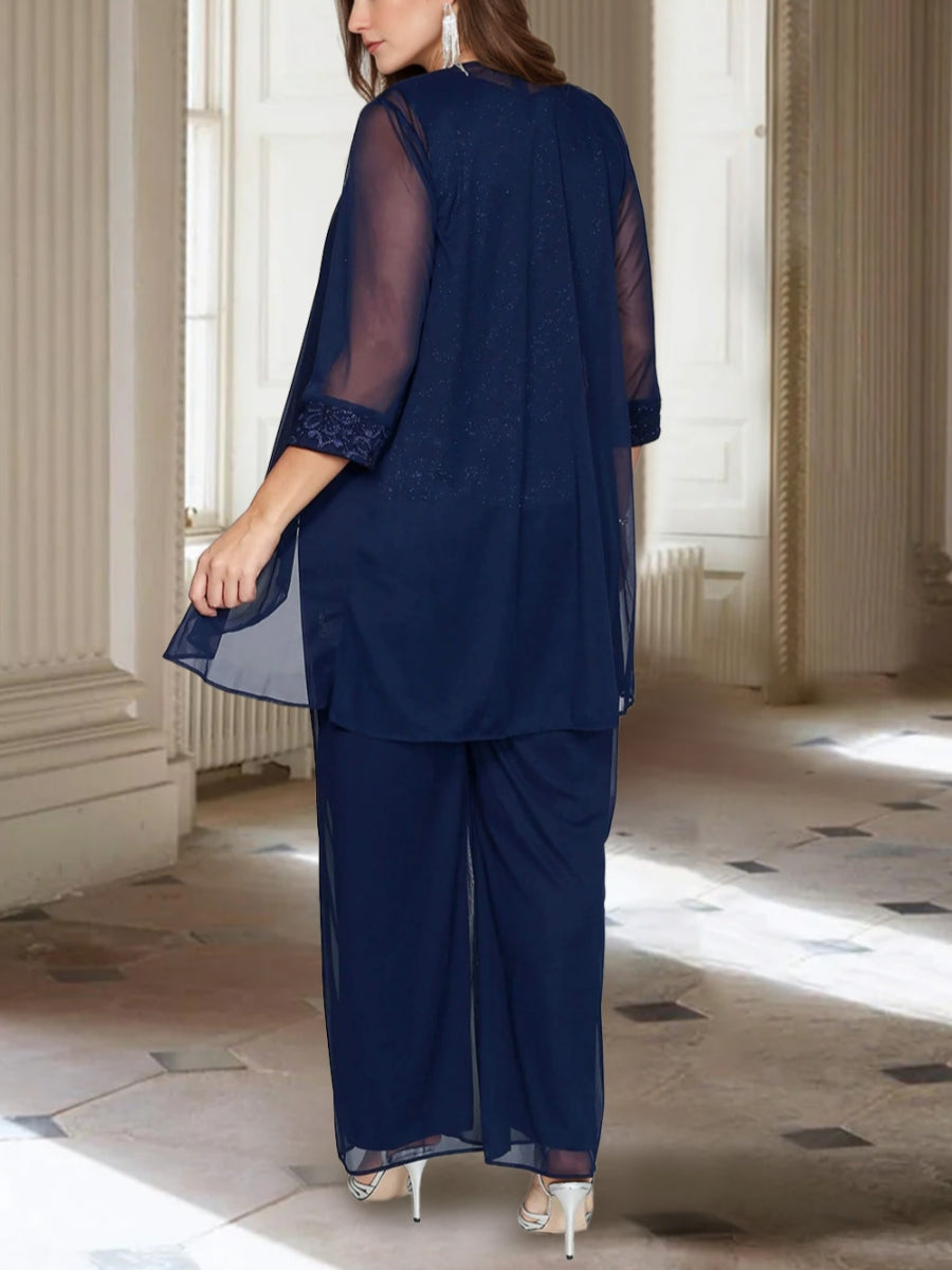 Jewel Neck 3/4 Sleeves Ankle-Length Mother Of The Bride Pantsuits With Jacket Chiffon BabaMila