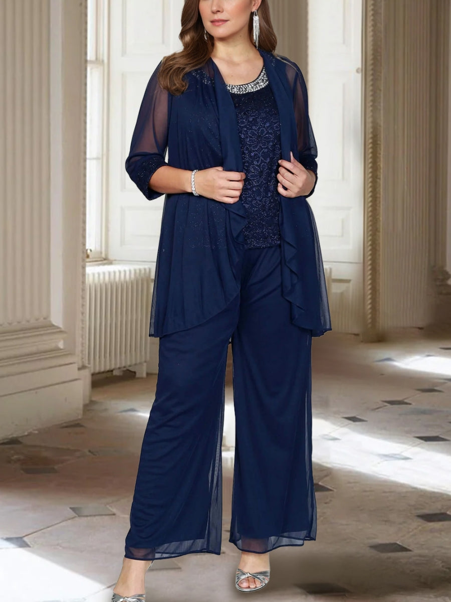 Jewel Neck 3/4 Sleeves Ankle-Length Mother Of The Bride Pantsuits With Jacket Chiffon BabaMila