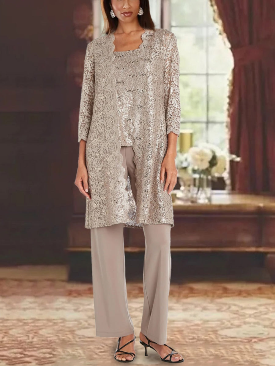 Chiffon Scoop 3/4 Sleeves Mother Of The Bride Pantsuits With Lace Jacket Ankle-Length BabaMila