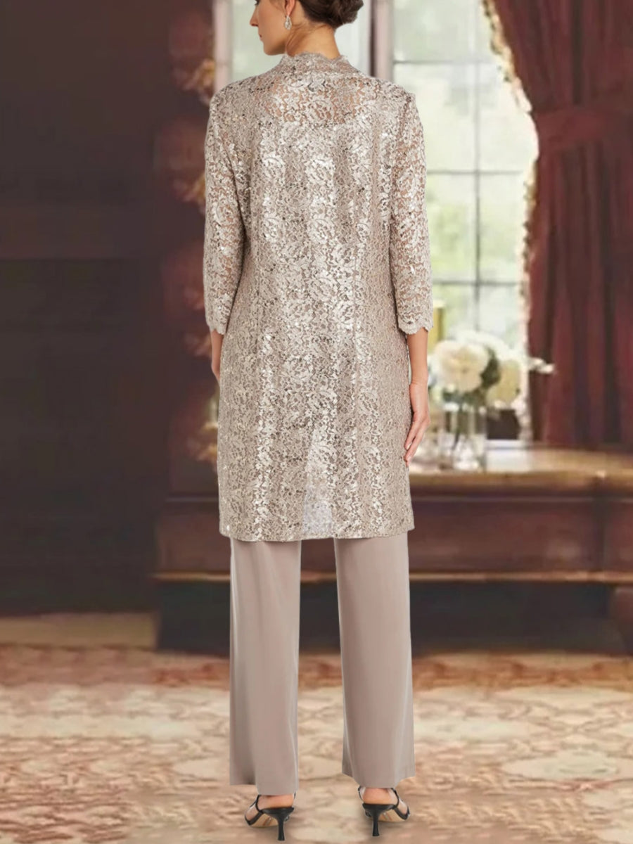 Chiffon Scoop 3/4 Sleeves Mother Of The Bride Pantsuits With Lace Jacket Ankle-Length BabaMila