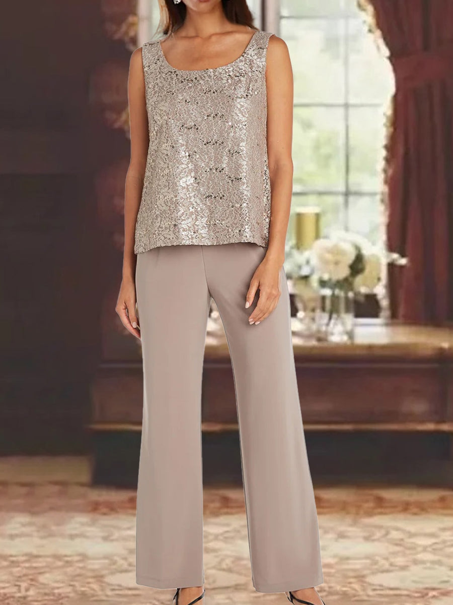 Chiffon Scoop 3/4 Sleeves Mother Of The Bride Pantsuits With Lace Jacket Ankle-Length BabaMila