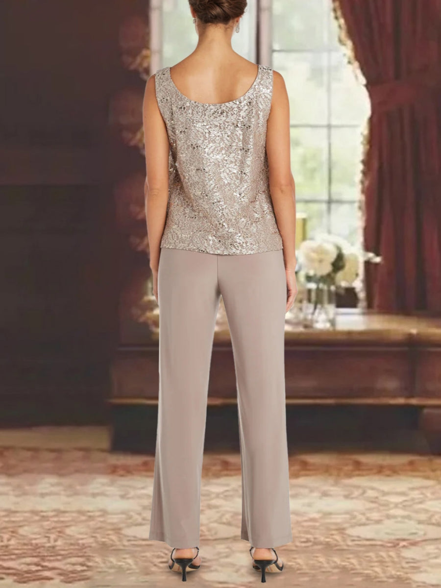 Chiffon Scoop 3/4 Sleeves Mother Of The Bride Pantsuits With Lace Jacket Ankle-Length BabaMila