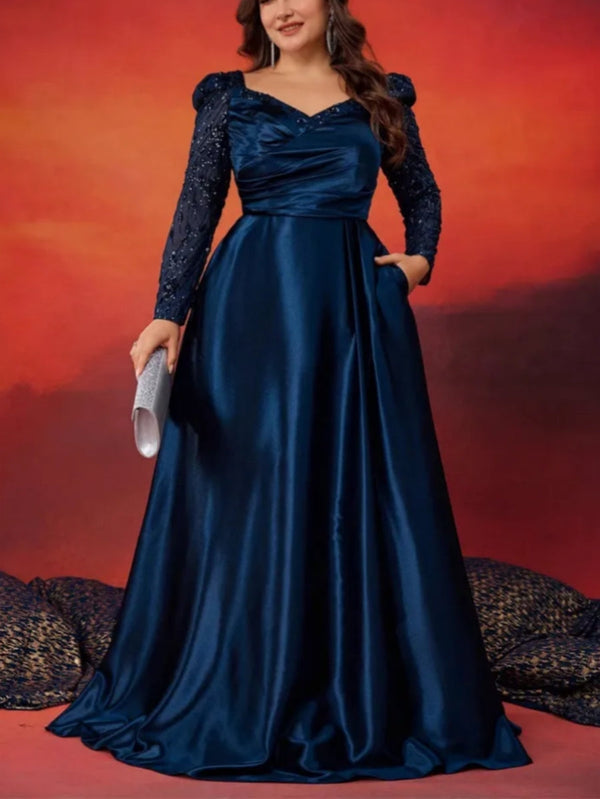 A-Line/Princess Long Sleeves V-Neck Plus Size Mother Of The Bride Dresses With Lace Sequins BabaMila