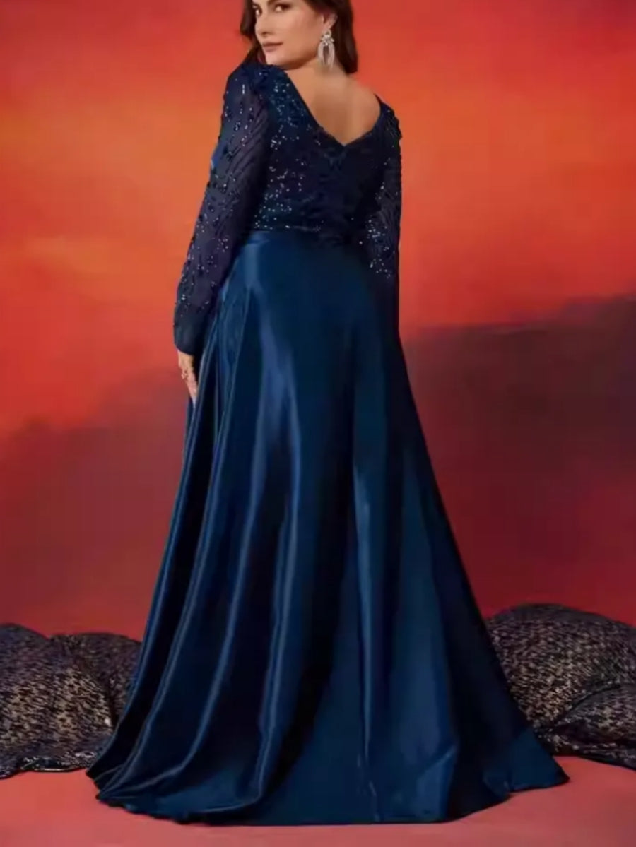 A-Line/Princess Long Sleeves V-Neck Plus Size Mother Of The Bride Dresses With Lace Sequins BabaMila