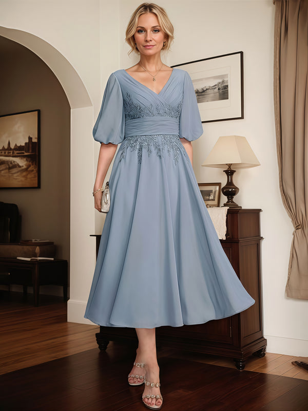 A-Line V-Neck Puff Sleeve Tea-Length Lace/Chiffon Mother of the Bride Dress With Pleated/Appliques/Belt BabaMila