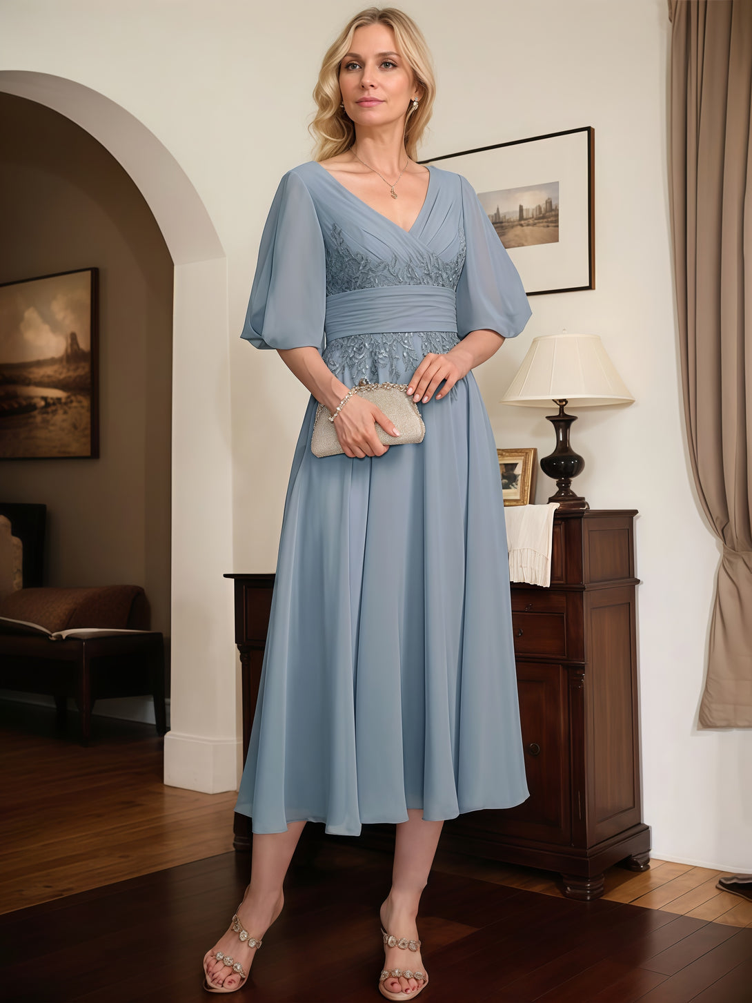 A-Line V-Neck Puff Sleeve Tea-Length Lace/Chiffon Mother of the Bride Dress With Pleated/Appliques/Belt BabaMila