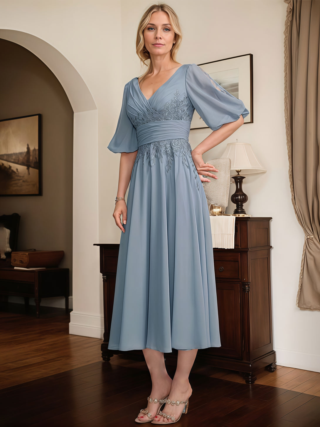 A-Line V-Neck Puff Sleeve Tea-Length Lace/Chiffon Mother of the Bride Dress With Pleated/Appliques/Belt BabaMila