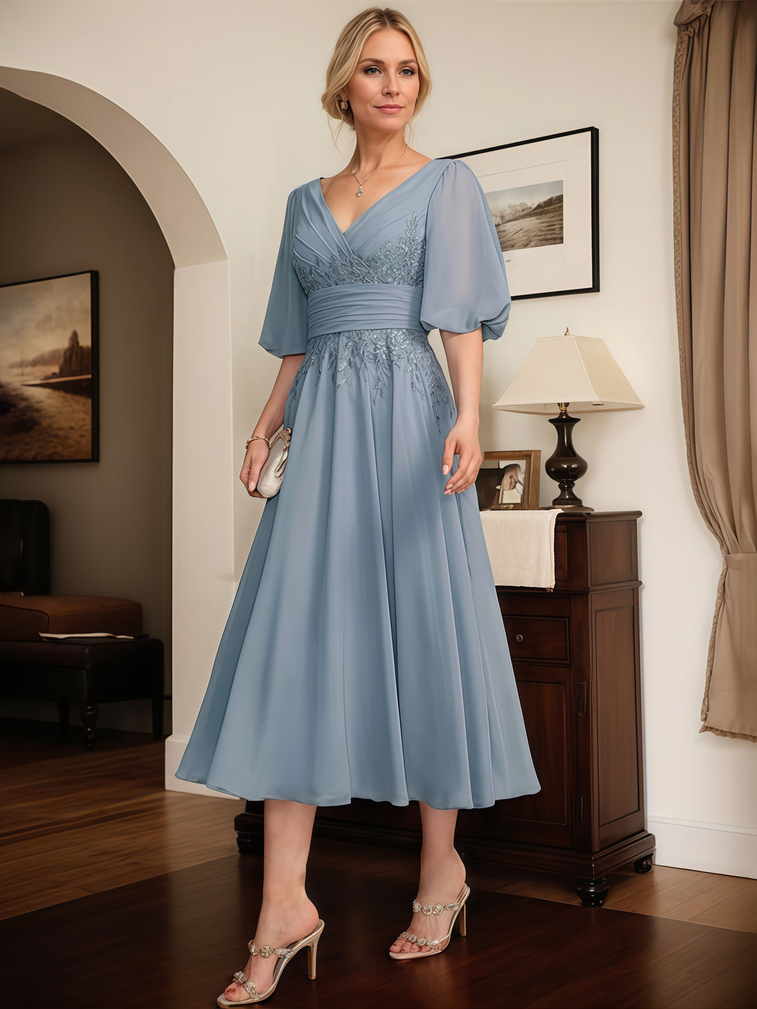 A-Line V-Neck Puff Sleeve Tea-Length Lace/Chiffon Mother of the Bride Dress With Pleated/Appliques/Belt BabaMila