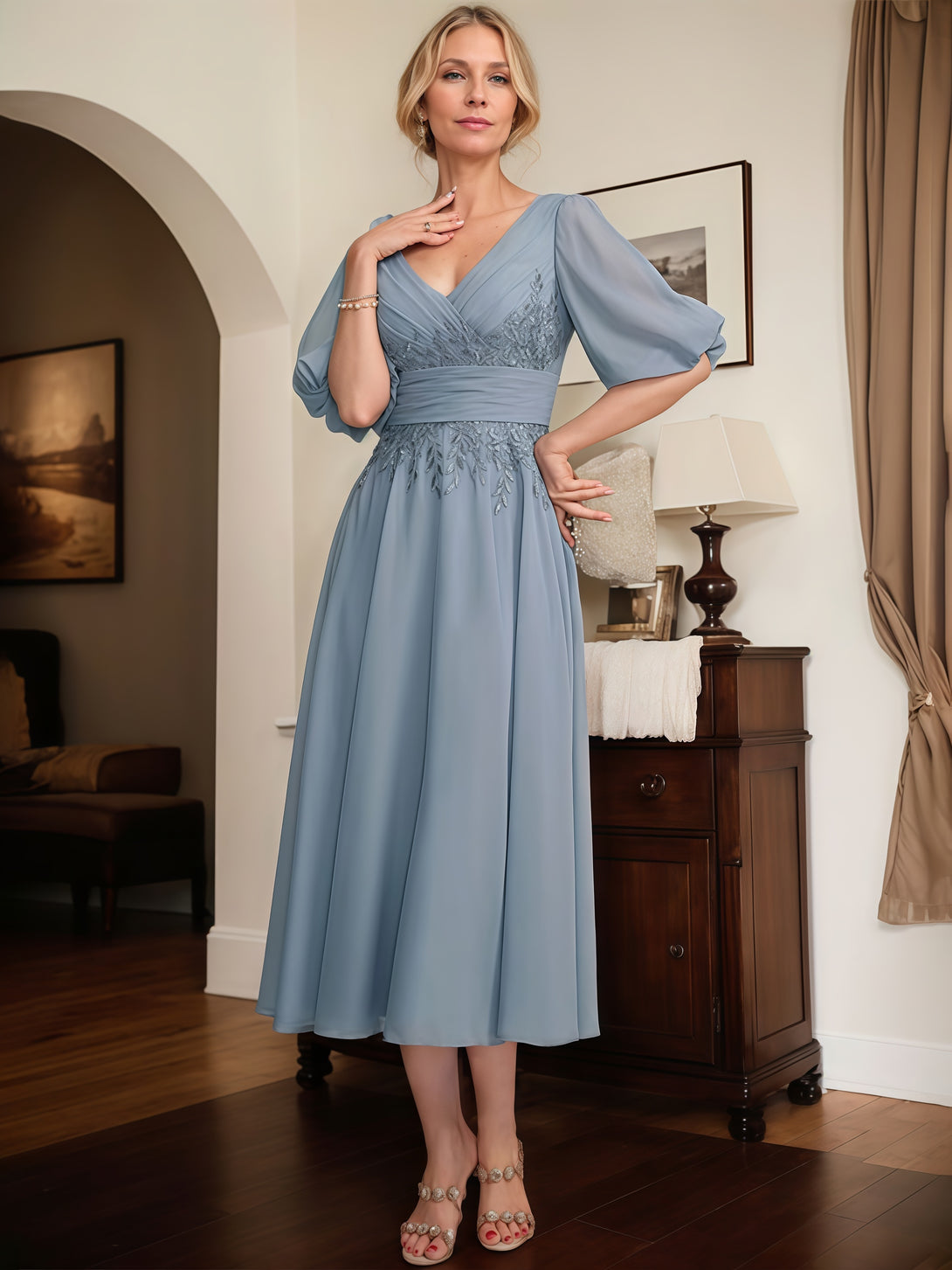 A-Line V-Neck Puff Sleeve Tea-Length Lace/Chiffon Mother of the Bride Dress With Pleated/Appliques/Belt BabaMila