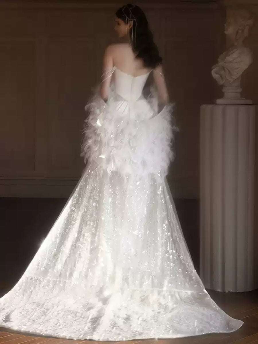 Trumpet/Mermaid Off-the-Shoulder Elegant Wedding Dresses with Beadings & Chains & Feather BabaMila